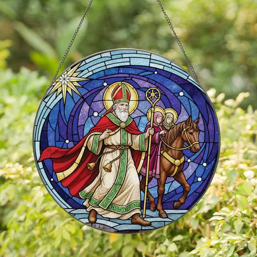 Saint Nicholas Horse Robed Figures Celestial Mosaic Star Christmas Holiday Gift Stained Glass Suncatcher