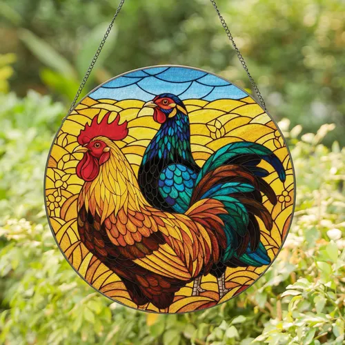 Rooster Fowl Stained Glass Mosaic - Farmhouse Home Decor Gift for Rooster Lover Stained Glass Suncatcher