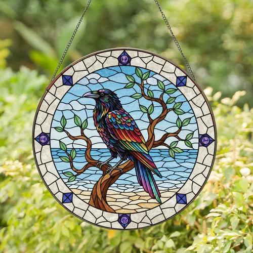 Black Raven Rainbow Wing Gnarled Branch Stained Glass Mosaic Home Decor Gift Stained Glass Suncatcher