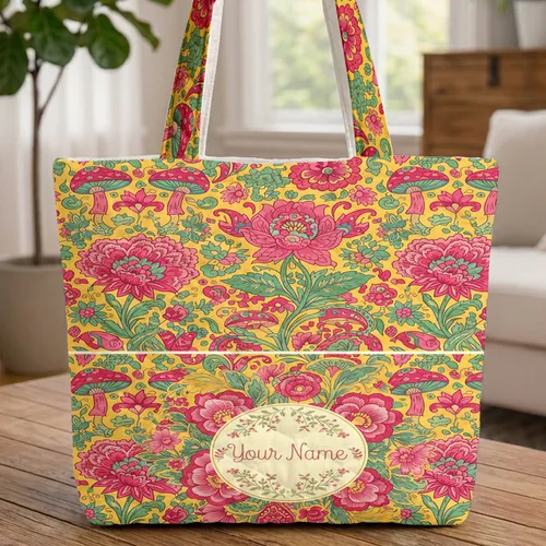 Botanical Peony Hydrangea Mushroom Paisley Floral Wreath - Everyday Carry Gift Quilted Tote Bag