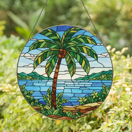 Stained Glass Palm Tree Lush Foliage Tropical Ocean Mosaic - Home Decor Gift Stained Glass Suncatcher