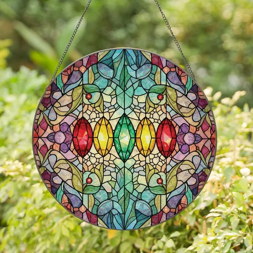 Glowing Stained Glass Gem Forms Geometric Botanical Mosaic - Home Decor Gift Stained Glass Suncatcher