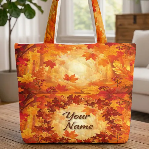 Autumn Maple Oak Leaf Wreath Forest - Everyday Carry Gift Quilted Tote Bag