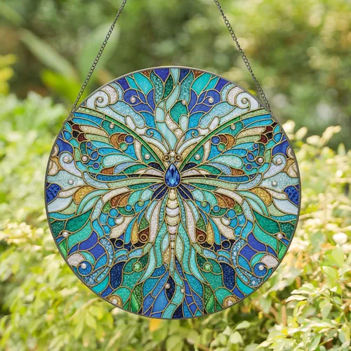 Butterfly Teardrop Jewel Gold Filigree Pearl Botanical - Home Decor Gift Stained Glass Suncatcher