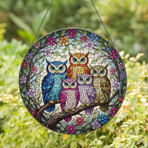Owls Tree Branch Floral Vines - Wildlife Lover Home Decor Gift for Owl Lover Stained Glass Suncatcher