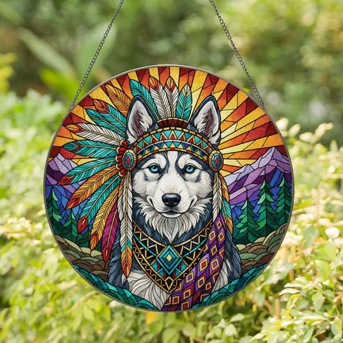 Husky Puppy Tribal Feather Headdress Stained Glass - Dog Lover Home Decor Gift Stained Glass Suncatcher