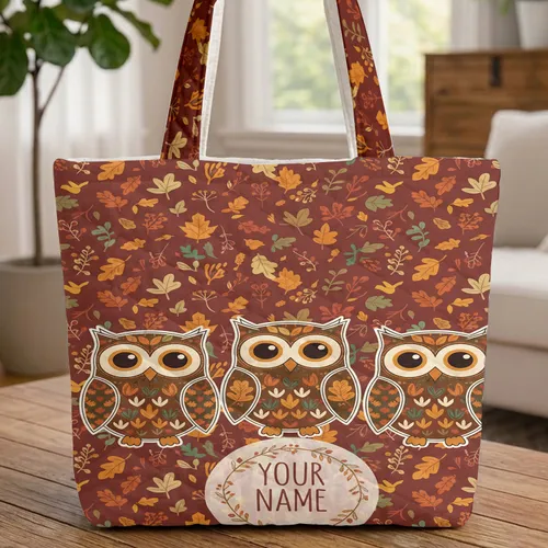 Three Stylized Owls Autumn Leaves Personalized Floral Wreath - Everyday Carry Gift Quilted Tote Bag