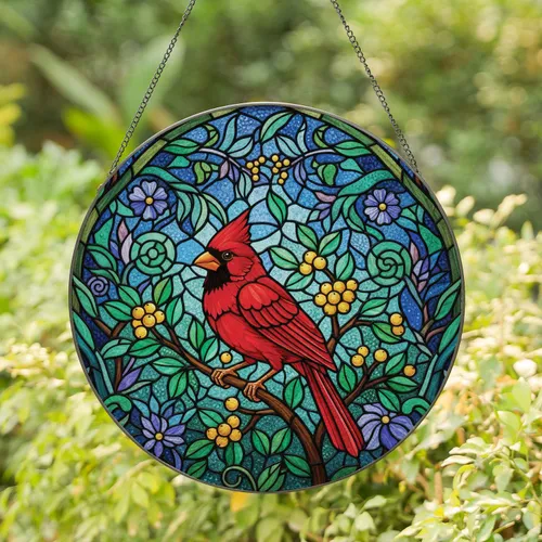 Tiffany Glass Red Cardinal Bird Perched Branch Garden Decor Gift for Bird Watcher Stained Glass Suncatcher