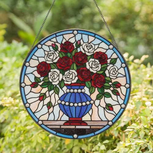 Stained Glass Tiffany Vase Lush Red White Roses Pearl Frame Mosaic Sky - Home Decor Gift Stained Glass Suncatcher