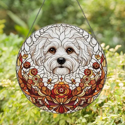 Fluffy Poodle Bichon Dog Head Floral Butterfly - Dog Lover Home Decor Gift Stained Glass Suncatcher