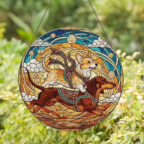 Corgi Riding Dachshund Leaping Dogs - Window Home Decor Housewarming Gift for Dog Lover Stained Glass Suncatcher