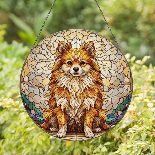 Fluffy Pomeranian Dog Stained Glass Clouds Floral - Home Decor Gift for Dog Lovers Stained Glass Suncatcher