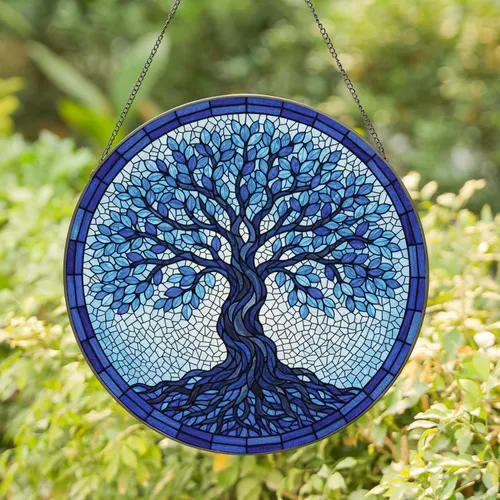 Majestic Gnarled Tree of Life Stained Glass Mosaic Blue Sky Home Decor Gift Stained Glass Suncatcher