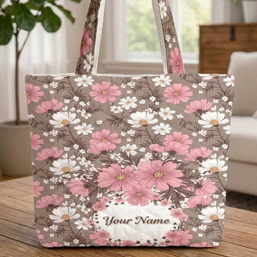 Ornate Cosmos Flowers Botanical Leaf Wreath - Everyday Carry Gift for Her Quilted Tote Bag