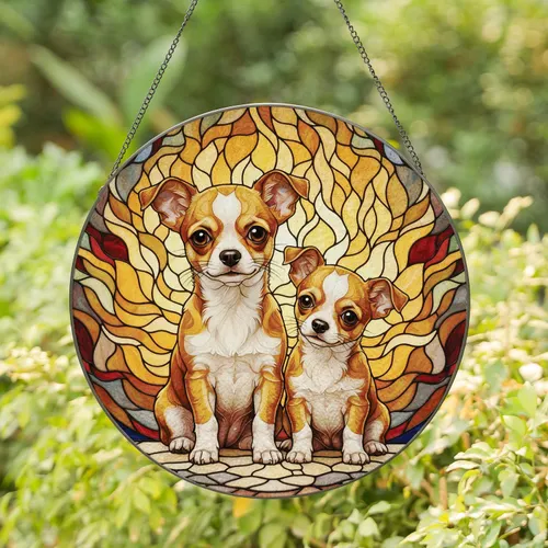 Side-by-Side Wide-Eyed Chihuahua Puppies - Dog Lover Home Decor Gift for Pet Lovers Stained Glass Suncatcher