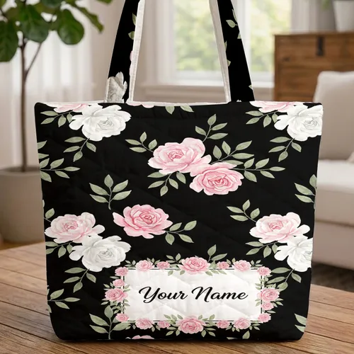 Black Background Pink White Roses Delicate Floral Border Calligraphy Name - Everyday Carry Gift Quilted Tote Bag