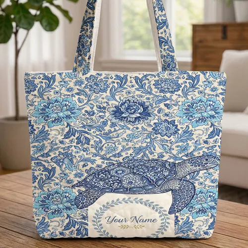 Ornate Sea Turtle Botanical Peony Wreath Calligraphy - Everyday Carry Lifestyle Gift Quilted Tote Bag