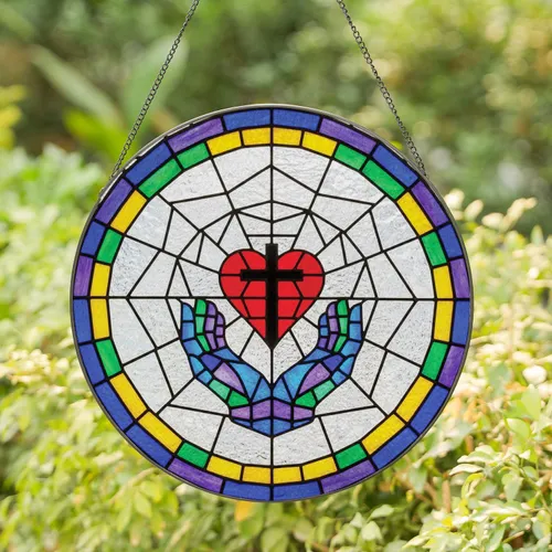 Black Cross Red Heart Cupped Hands Circular Border Geometric Mosaic - Home Decor Gift Stained Glass Suncatcher