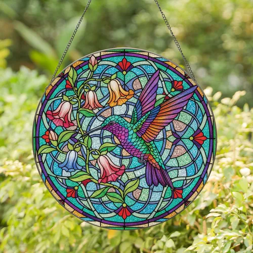Hummingbird Bell Flowers Botanical Mosaic - Home Decor Gift for Wildlife Lover Stained Glass Suncatcher