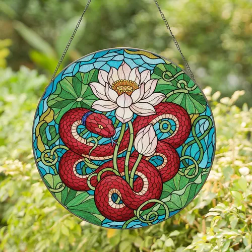 Coiled Red Snake Multi-Petaled Lotus Flower Lush Green Leaves - Wildlife Lover Gift Stained Glass Suncatcher