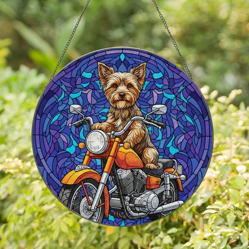 Brown Tan Terrier Dog Orange Cruiser Motorcycle - Home Decor Gift for Dog Owners Stained Glass Suncatcher