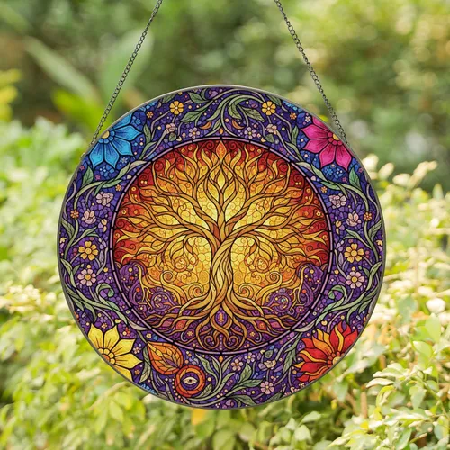 Tree of Life Floral Swirling Leaves Organic Shapes Filigree Mosaic - Home Decor Gift Stained Glass Suncatcher