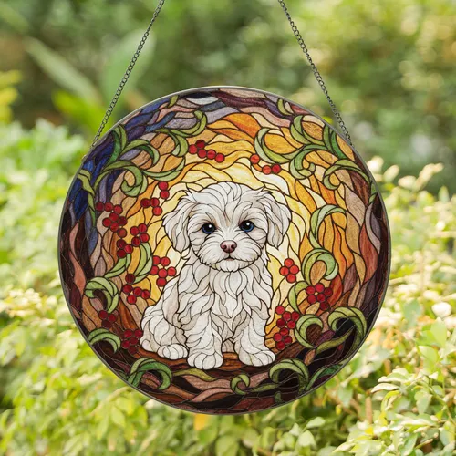 Fluffy Maltese Puppy Dog Flowers Mosaic - Home Decor Gift for Dog Lover Stained Glass Suncatcher
