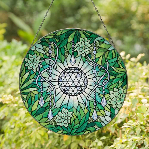 Shimmering Crystal Ball Faceted Crystals Succulent Green Plant Foliage Mosaic Home Decor Gift Stained Glass Suncatcher