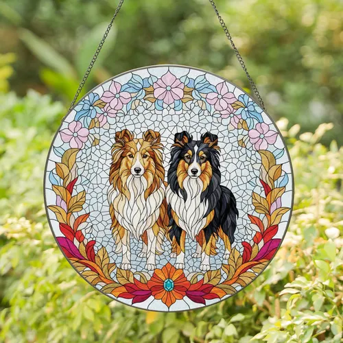 Shetland Sheepdog Sheltie Floral Border Tiffany Glass Home Decor Gift for Dog Lover Stained Glass Suncatcher