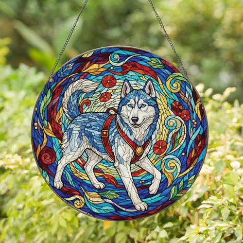Siberian Husky Dog Blue Eyes Stained Glass Jewel Tones - Dog Lover Home Decor Gift Stained Glass Suncatcher