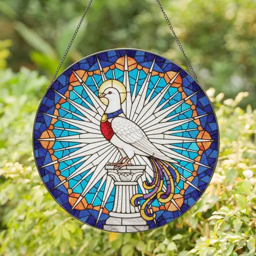 White Dove Golden Halo Pedestal Geometric Mosaic Starburst - Wildlife Lover Home Decor Gift Stained Glass Suncatcher