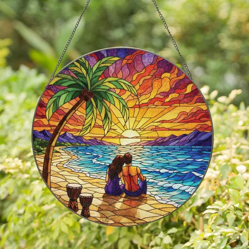 Loving Couple Beach Sunset Palm Tree Ocean Drums - Home Decor Gift for Couples Stained Glass Suncatcher