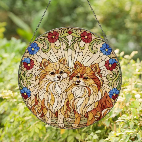 Fluffy Pomeranian Dogs Botanical Landscape - Home Decor Gift for Dog Lovers Stained Glass Suncatcher