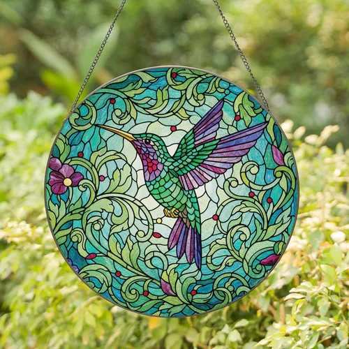 Graceful Hummingbird Lush Floral Mosaic - Home Decor Gift for Wildlife Lover Stained Glass Suncatcher