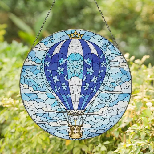 Hot Air Balloon Sapphire Floral Golden Basket Clouds Sky Mosaic Home Decor Gift Stained Glass Suncatcher