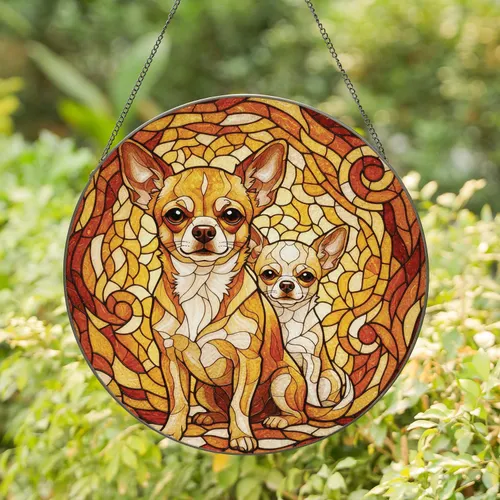 Chihuahua Dog Pair High Contrast Stained Glass Home Decor Gift for Pet Parents Stained Glass Suncatcher