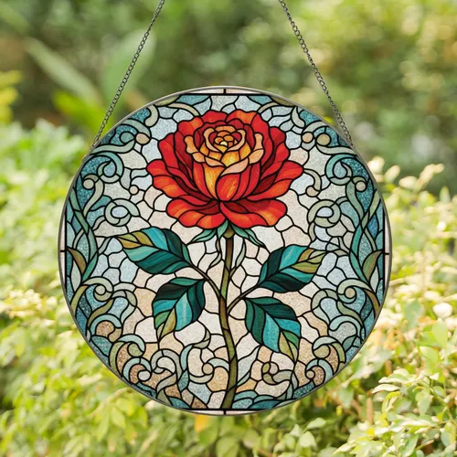 Red Rose Multi-Faceted Leaves Swirling Filigree Mosaic Garden Vista - Home Decor Gift Stained Glass Suncatcher