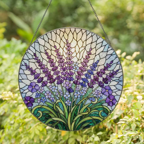 Lavender Bouquet Purple Blue Flowers Green Leaves Mosaic - Ethereal Home Decor Gift Stained Glass Suncatcher