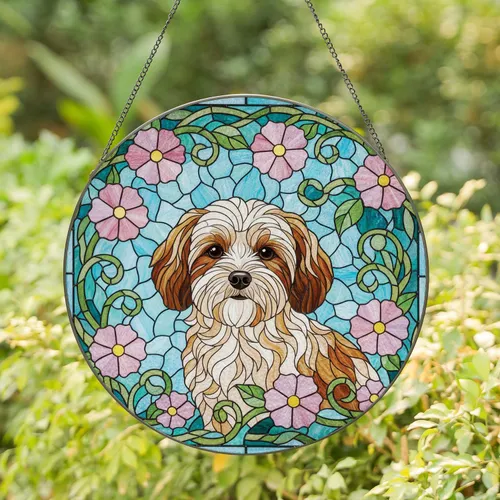 Fluffy White Brown Havanese Dog Pink Purple Blossoms - Teal Blue Geometric Home Decor Gift Stained Glass Suncatcher