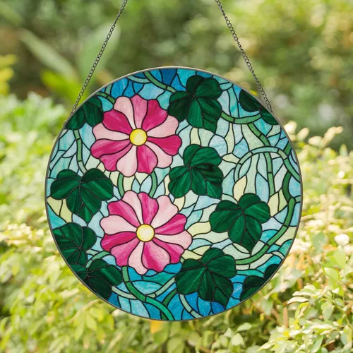 Tiffany Stained Glass Pink Blossoms Leaves Organic Mosaic - Nature Home Decor Gift Stained Glass Suncatcher
