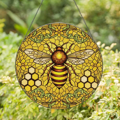 Majestic Honeybee Honeycomb Floral Leafy Vines Golden Honey Mosaic Tiffany Glass - Home Decor Gift Stained Glass Suncatcher