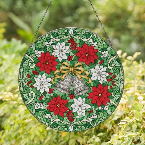Christmas Bells Poinsettia Berries Floral Mosaic - Holiday Home Decor Gift Stained Glass Suncatcher