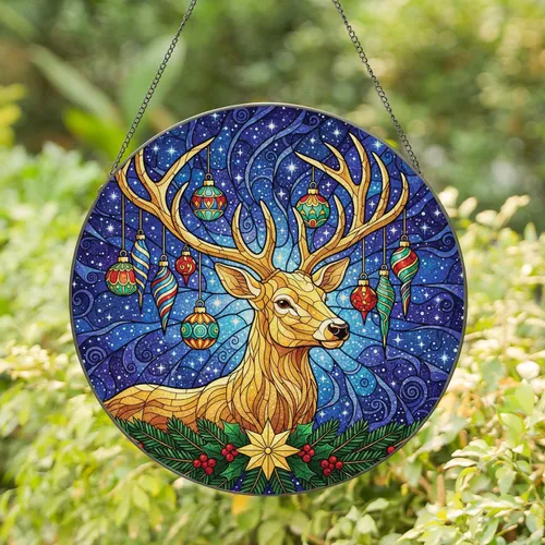 Golden Stag Christmas Ornaments Celestial Stars - Holiday Decor Gift for Stag Lovers Stained Glass Suncatcher