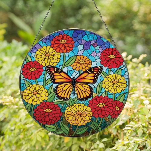Monarch Butterfly Zinnia Flowers Tiffany Stained Glass Mosaic Intricate Pattern Stained Glass Suncatcher