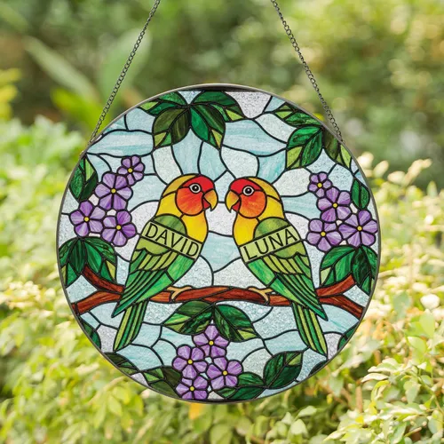 Highly Detailed Tiffany Style Stained Glass Lovebirds Custom Couple Purple Flowers Green Leaves Stained Glass Suncatcher