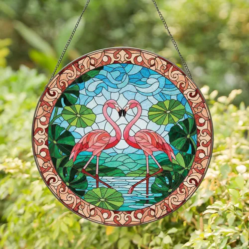 Flamingo Heart Tropical Stained Glass Tiffany Style with Lush Foliage and Mosaic Border Stained Glass Suncatcher