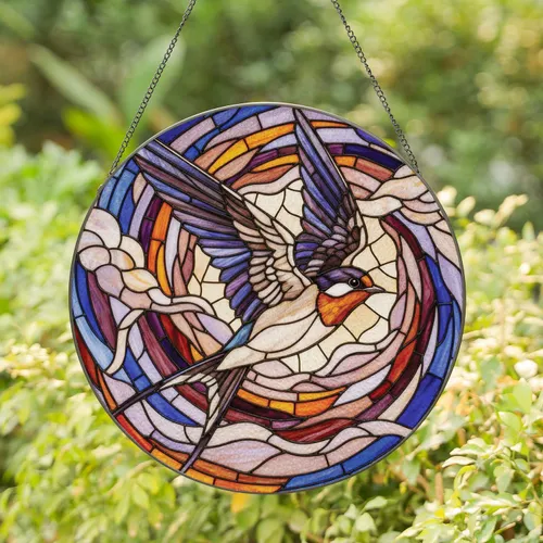 Stained Glass Swallow Bird Dynamic Flight - Tiffany Style Jewel Tones Sky Mosaic Art Stained Glass Suncatcher