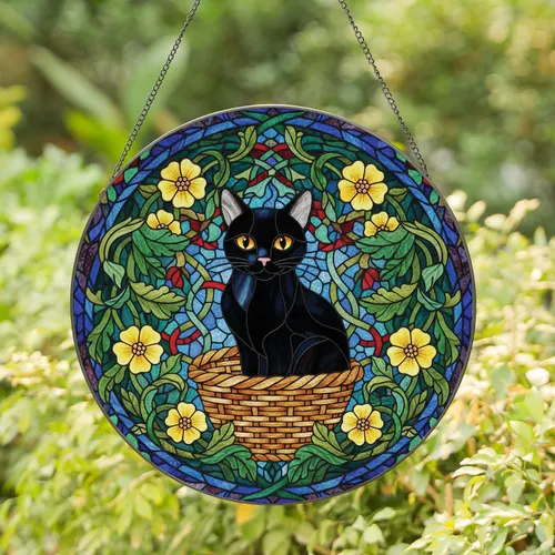 Black Cat Stained Glass Tiffany Style Mosaic Art with Woven Basket, Green Leaves & Yellow Flowers Stained Glass Suncatcher