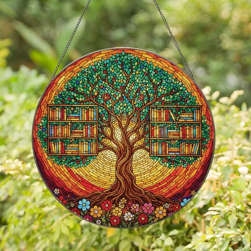 Colorful Detailed Tiffany Stained Glass Tree of Life Bookshelves Flowers Sunset Sky Stained Glass Suncatcher