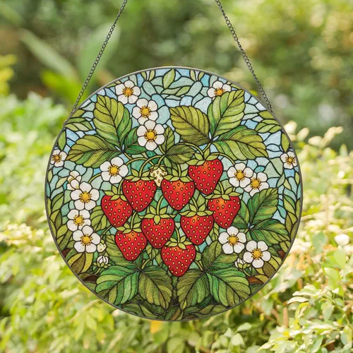 Ripe Red Strawberry Cluster Stained Glass Art - Green Leaf Blossoms Tiffany Style Garden Stained Glass Suncatcher